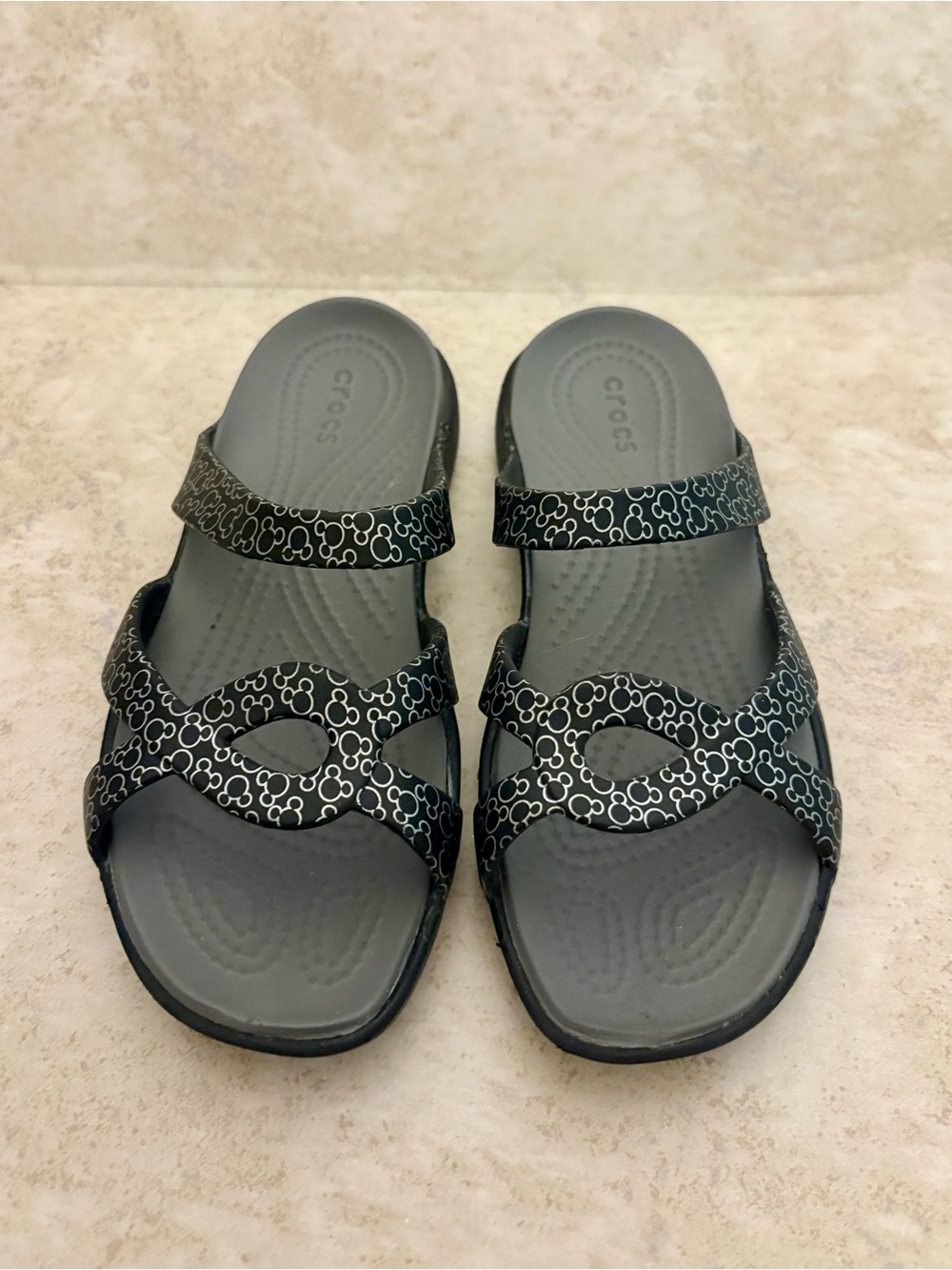 CROCS Women's Black Slide Sandals with Silver Mickey Pattern - Picture 2 of 4